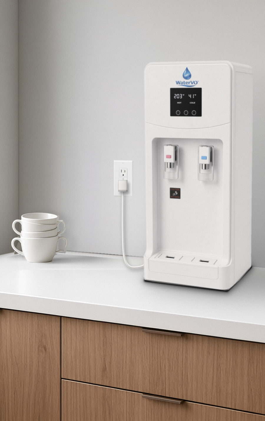 WaterVO Countertop water-from-air unit on an office coffee station counter