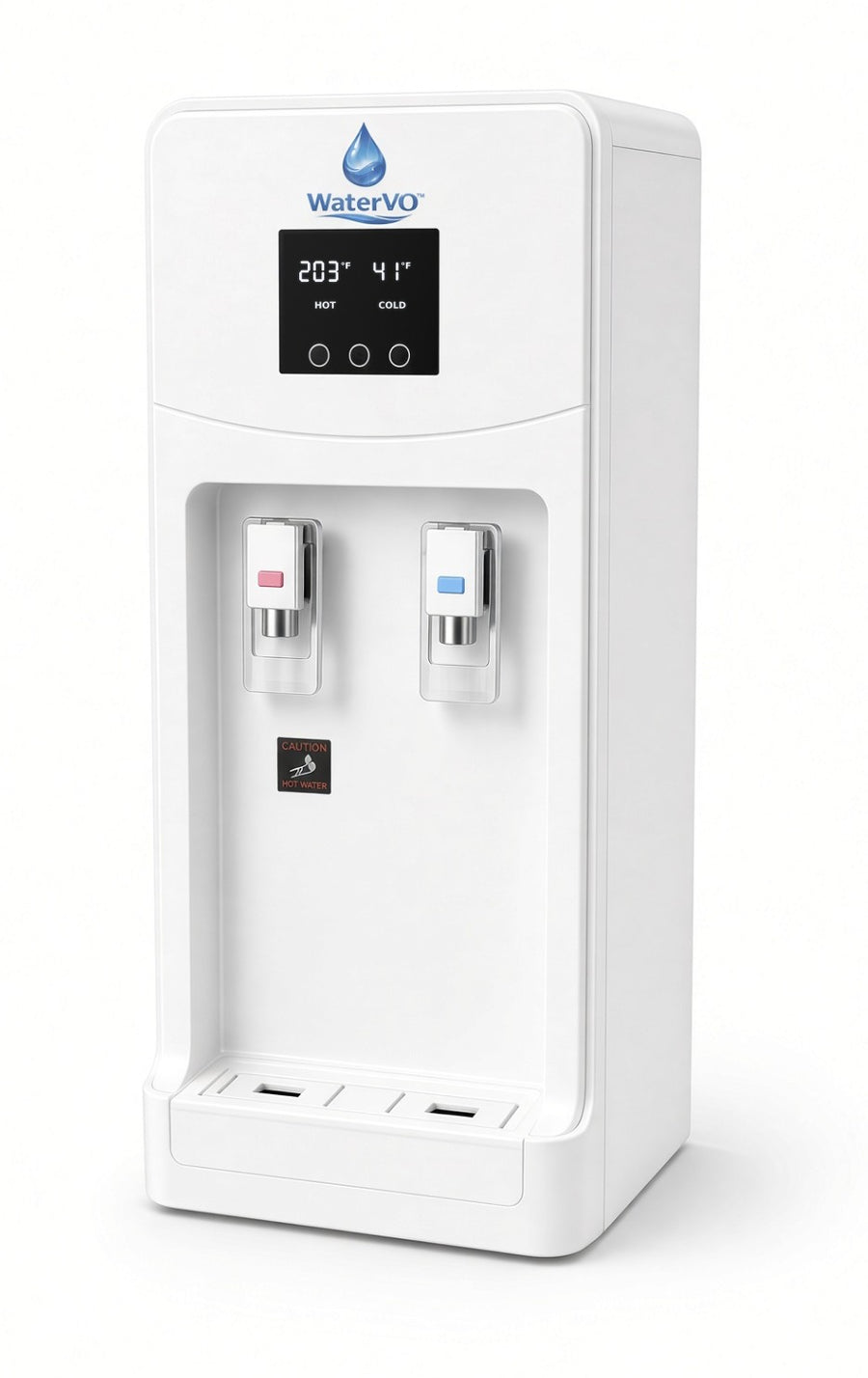 WaterVO Countertop Vapor Optimizer, compact white unit with a display reading 203°F hot and 41°F cold, red hot tap on the left and blue cold tap on the right