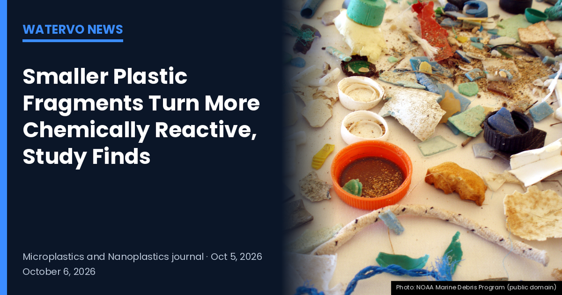 Assorted plastic fragments on a white table, with the headline "Smaller Plastic Fragments Turn More Chemically Reactive, Study Finds" — WaterVO News