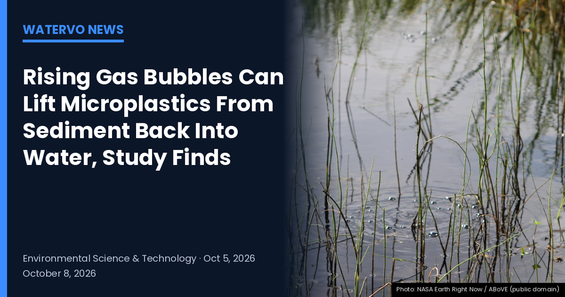 Methane bubbles on the surface of a lake with reeds, with the headline "Rising Gas Bubbles Can Lift Microplastics From Sediment Back Into Water, Study Finds" — WaterVO News