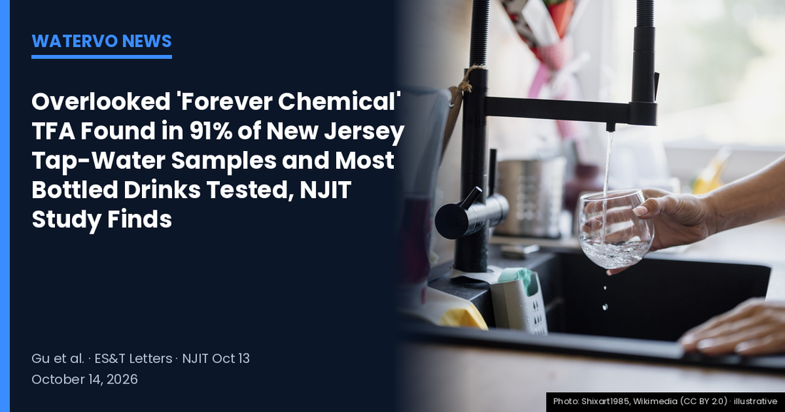 A glass being filled at a kitchen tap, with the headline "Overlooked 'Forever Chemical' TFA Found in 91% of New Jersey Tap-Water Samples and Most Bottled Drinks Tested, NJIT Study Finds" — WaterVO News
