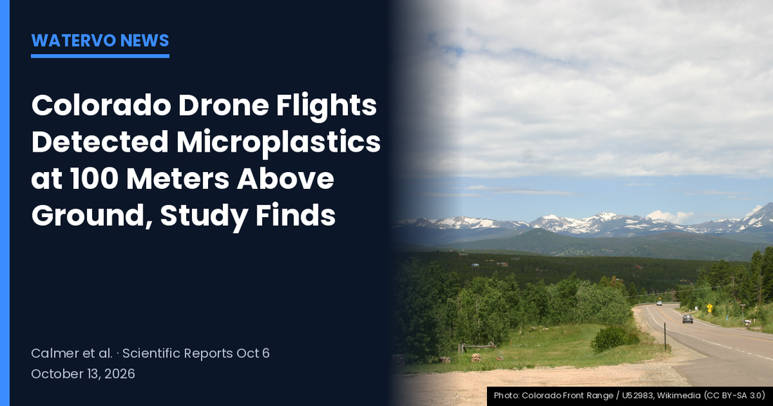 Colorado Front Range landscape with the headline "Colorado Drone Flights Detected Microplastics at 100 Meters Above Ground, Study Finds" — WaterVO News