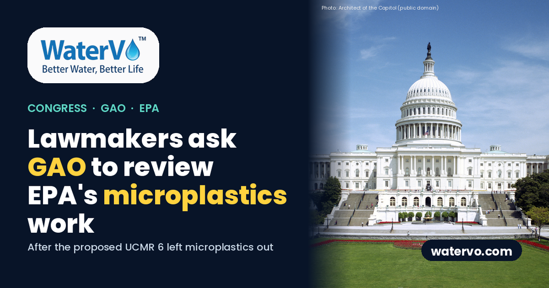 Title card reading "Lawmakers ask GAO to review EPA's microplastics work" beside a photo of the U.S. Capitol