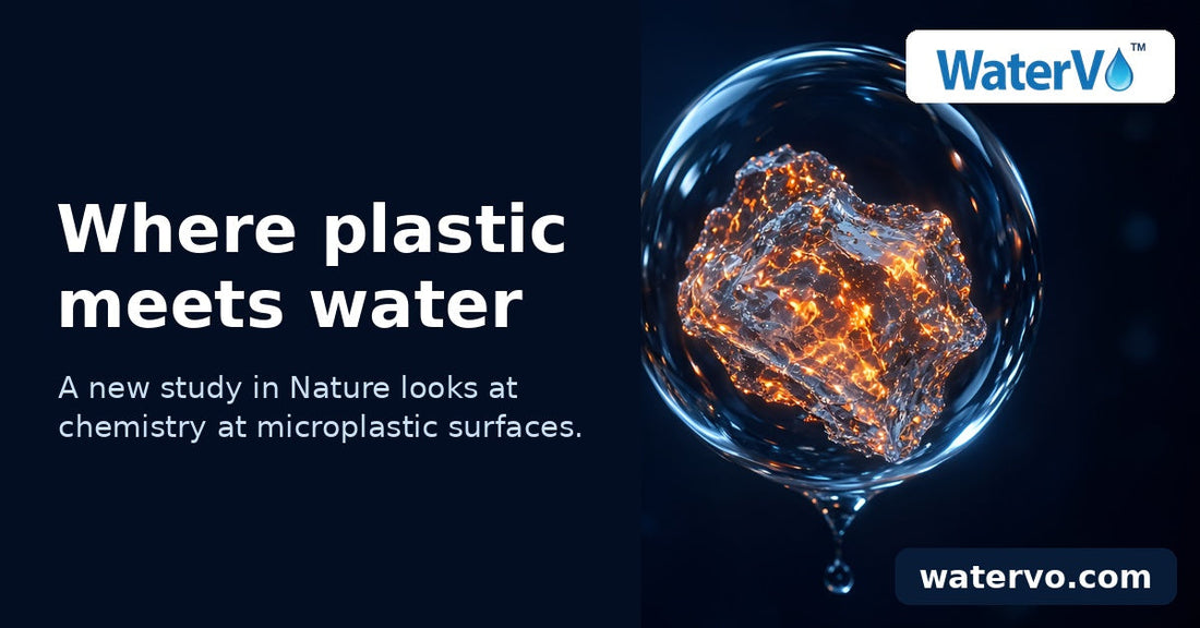 Illustration of tiny plastic particles in water, headline: What happens where plastic meets water? (AI illustration)