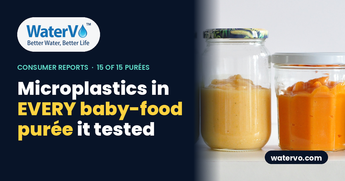 Two glass jars of puréed baby food beside the headline: Microplastics in every baby-food purée it tested (Consumer Reports, 15 of 15 purées)