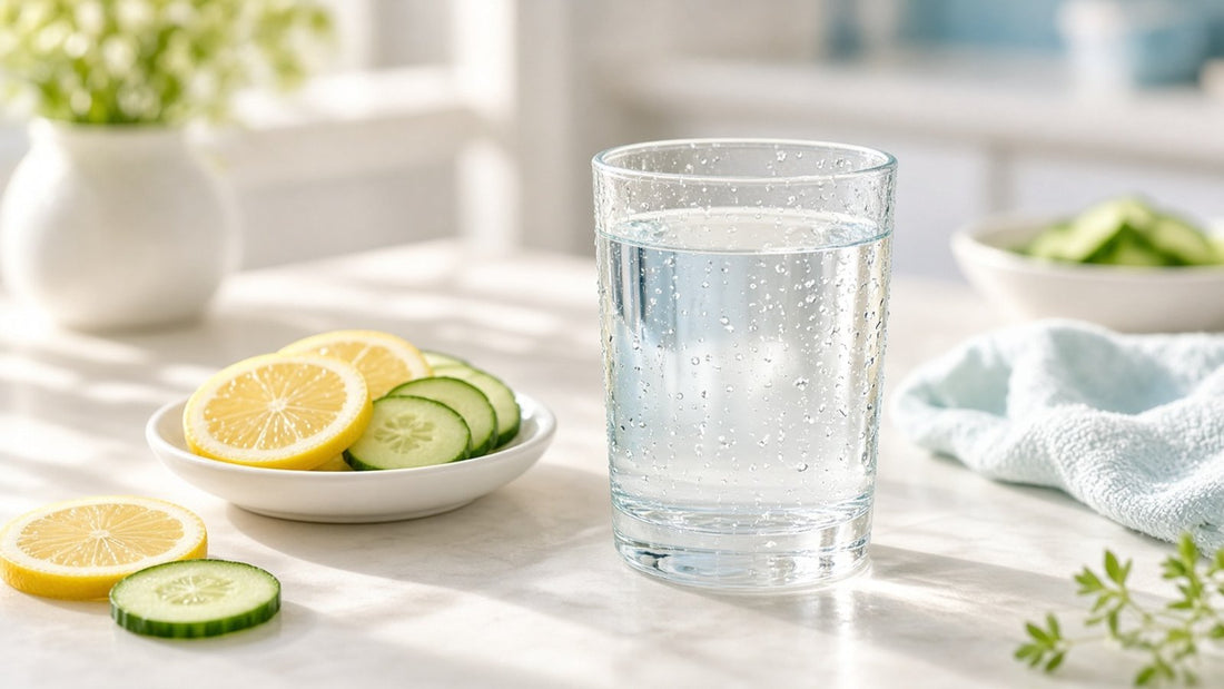 Sunlit glass of fresh water with sliced lemon and cucumber, opening the WaterVO guide to the benefits of drinking water