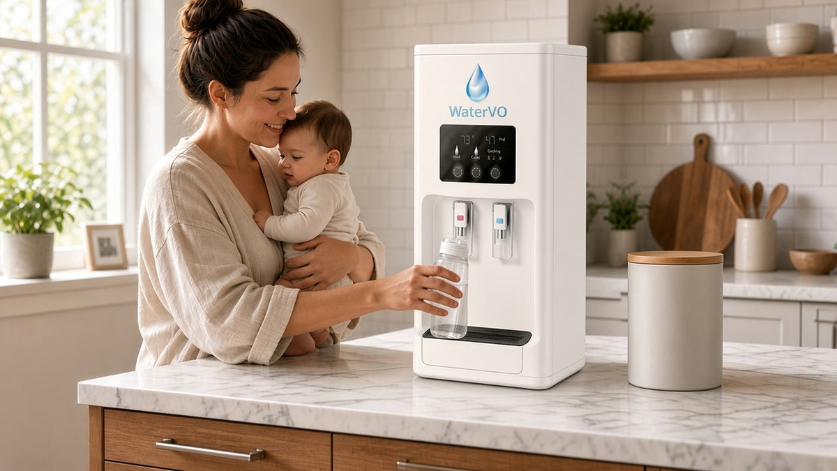 Mother holding her baby while filling a bottle at a WaterVO Countertop Vapor Optimizer