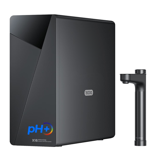 X16 black under-sink reverse osmosis unit with matching black faucet