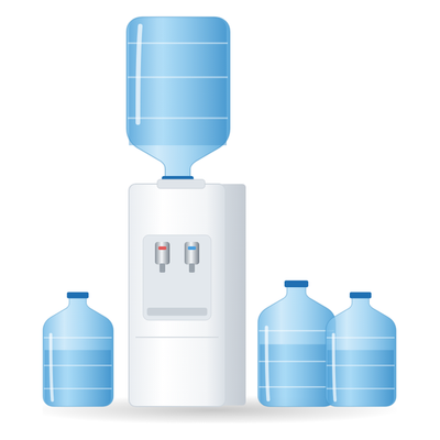 Bottled water delivery: a water cooler topped with a large jug, with spare delivery jugs beside it