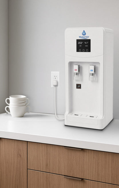 WaterVO Countertop water-from-air unit on an office coffee station counter