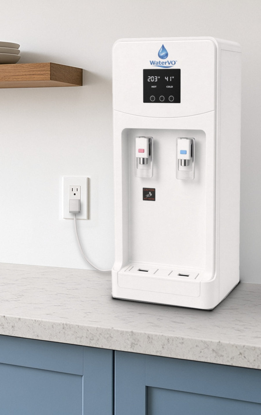 WaterVO Countertop water-from-air unit on a marble kitchen counter