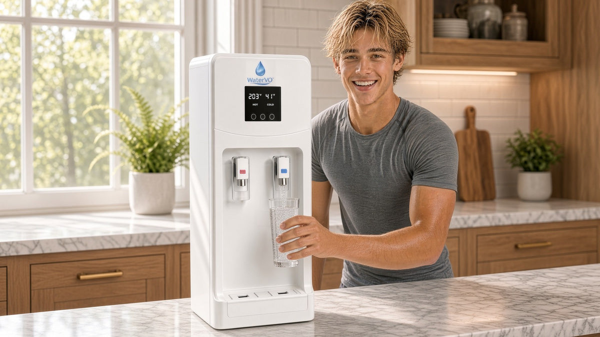 Man filling a glass from a WaterVO Countertop Vapor Optimizer in a sunlit kitchen