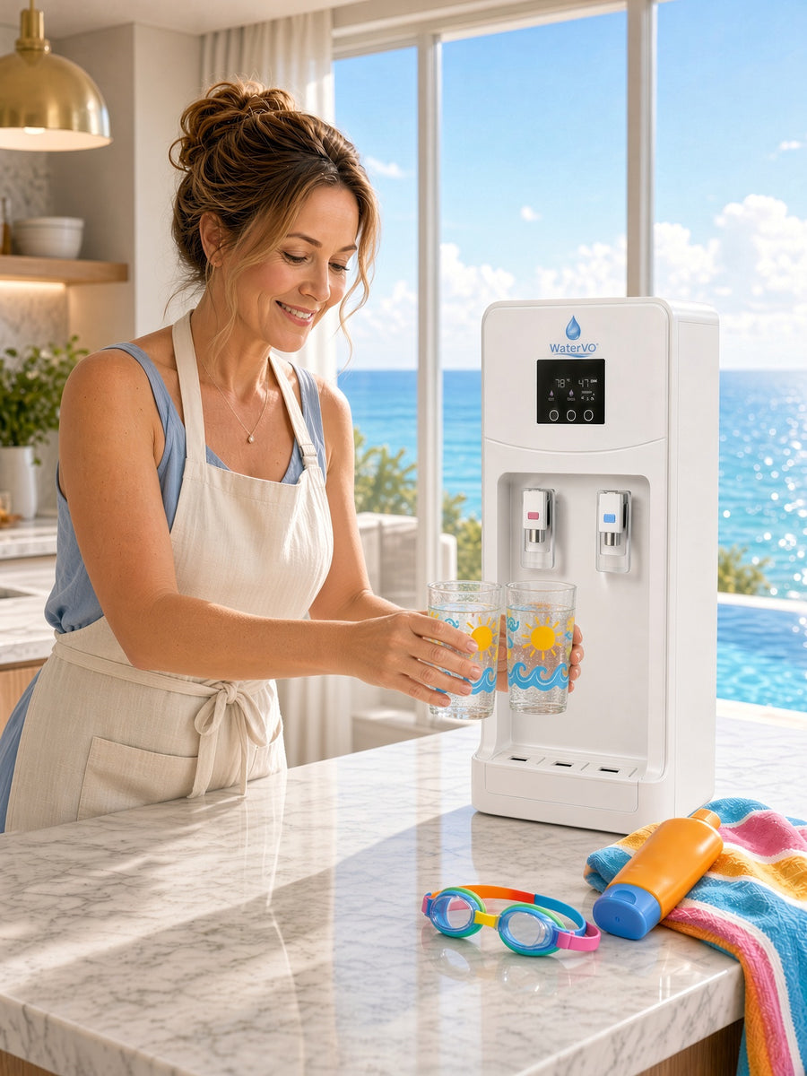 WaterVO Countertop water-from-air unit in a beach-house kitchen
