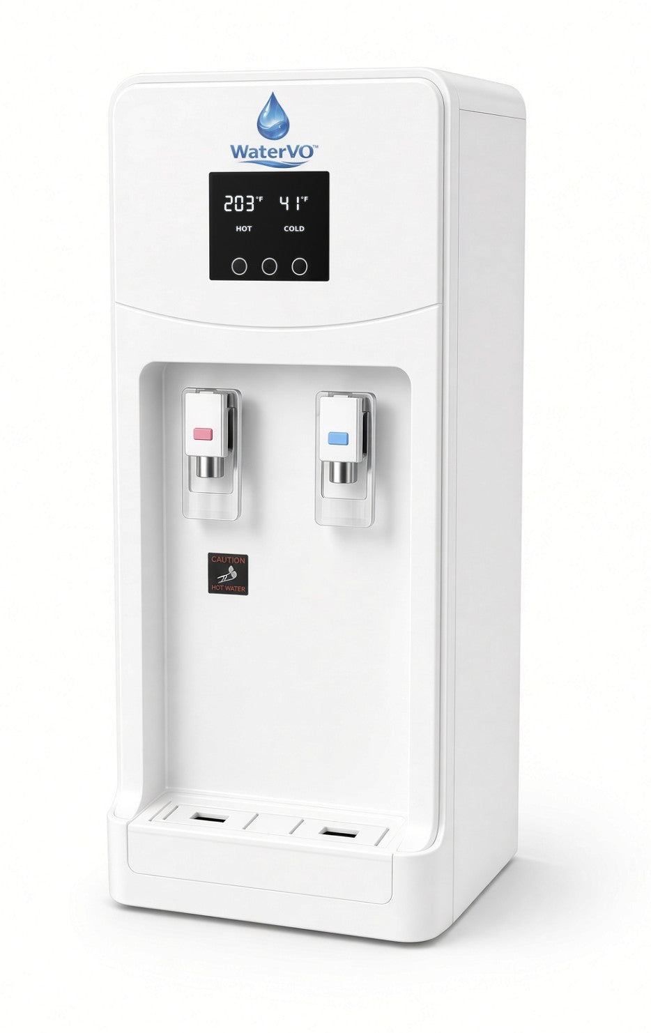 WaterVO Countertop Vapor Optimizer, compact white unit with a display reading 203°F hot and 41°F cold, red hot tap on the left and blue cold tap on the right