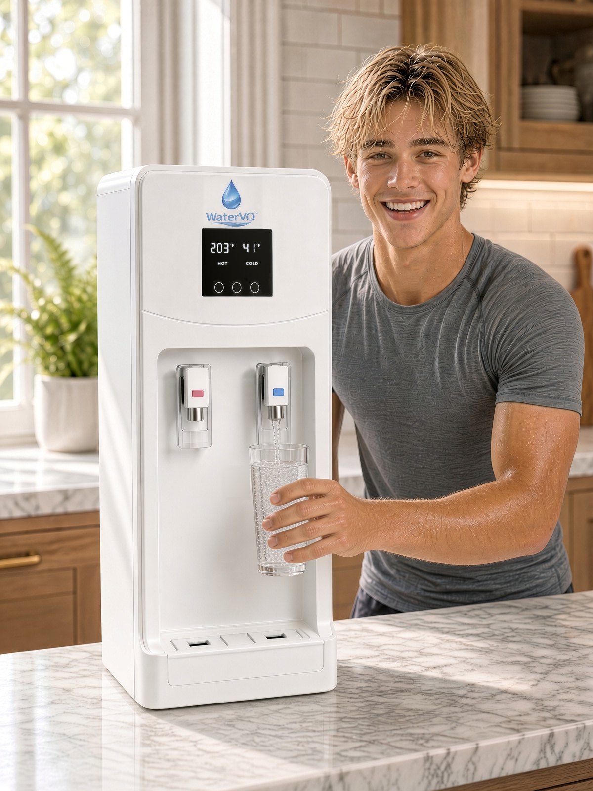 Man filling a glass from the cold (blue) tap of a WaterVO Countertop Vapor Optimizer in a sunlit kitchen