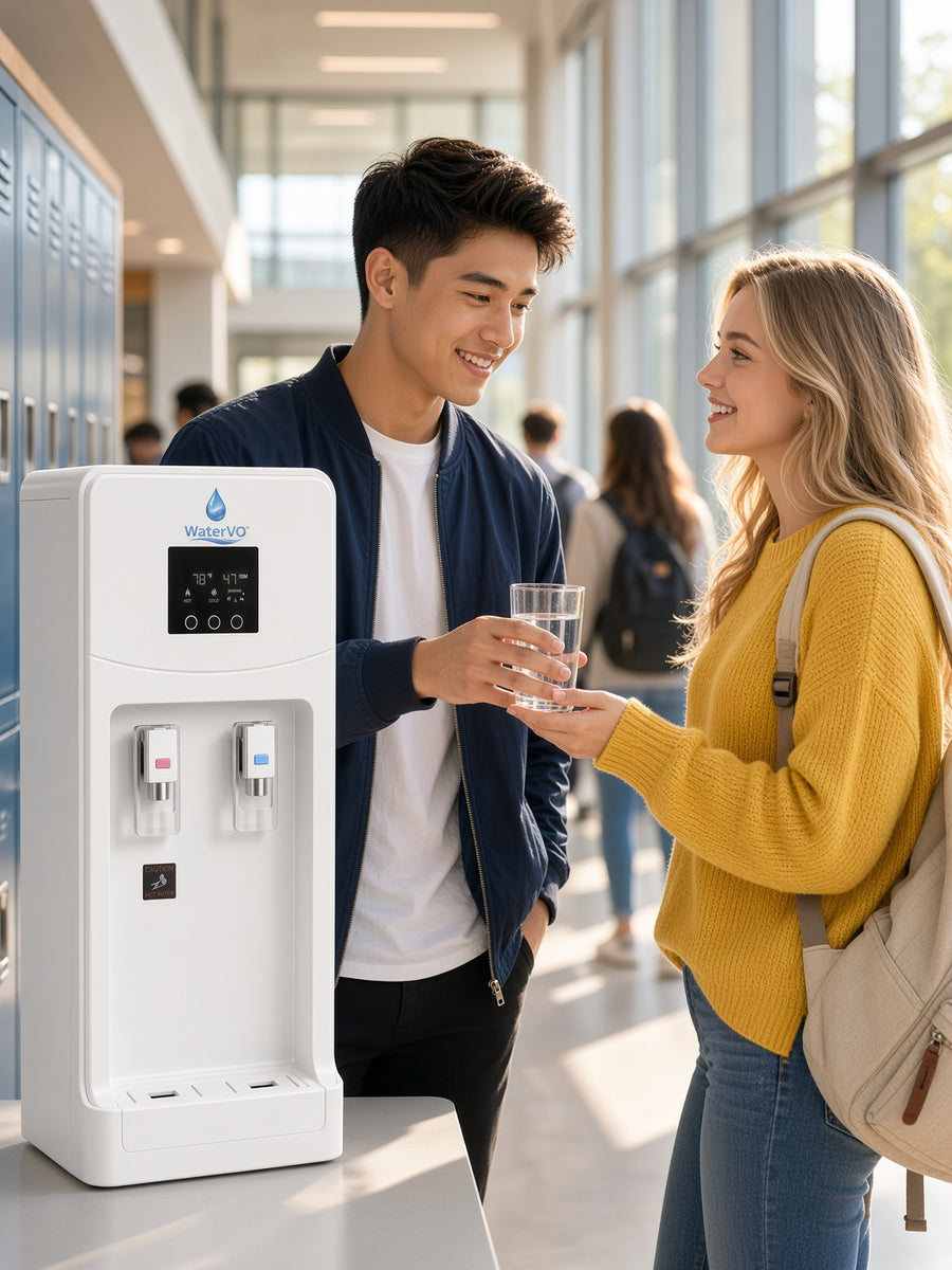 WaterVO Countertop water-from-air unit in a school hallway