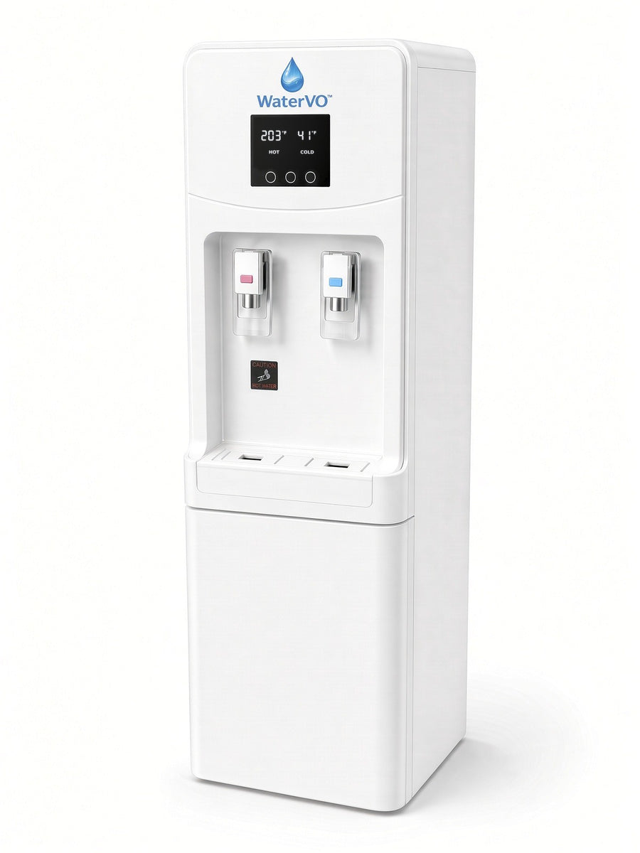 WaterVO Floor Model Vapor Optimizer, tall white floor-standing unit with a lower cabinet and a display reading 203°F hot and 41°F cold, red hot tap on the left and blue cold tap on the right