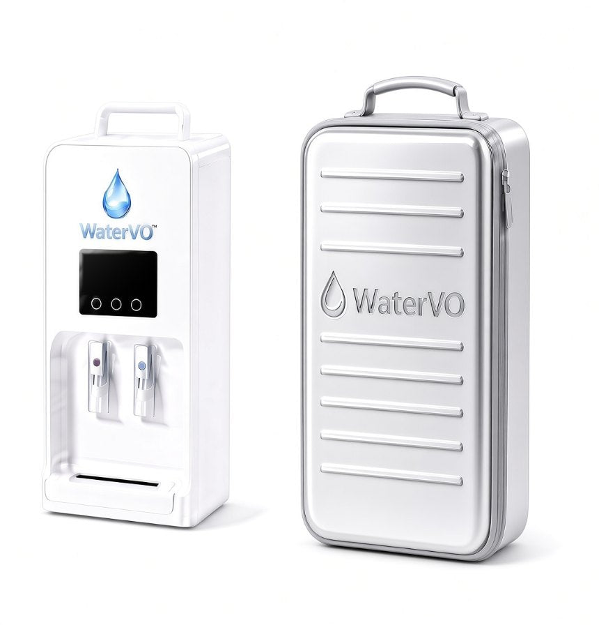 WaterVO Mobile Mini concept: compact white water unit beside a silver suitcase-style case